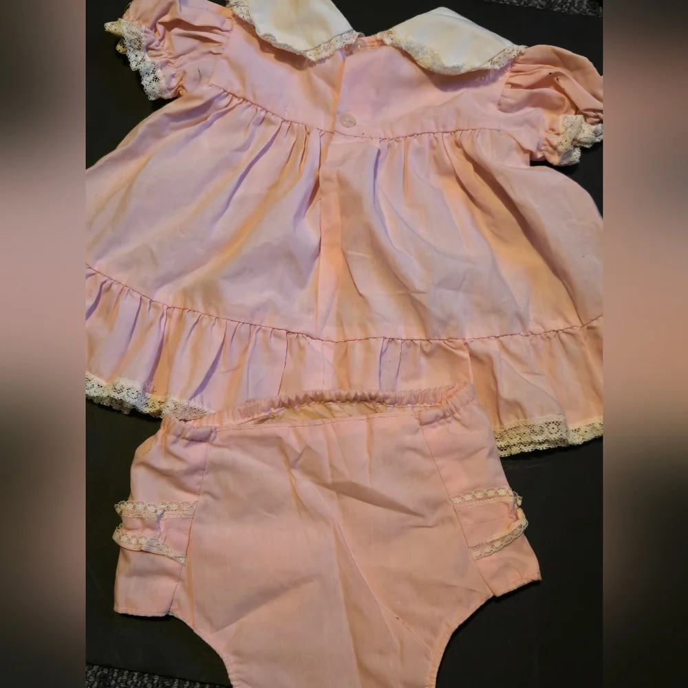 Set Super Cute Vintage Doll Clothes Pink Lace Trim. Plastic Lined Bottom.